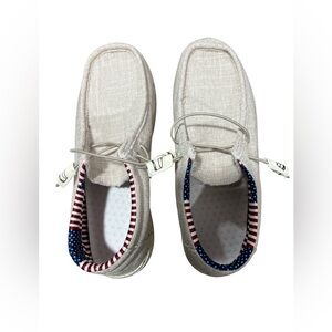 Mens Canvas Slip-On Shoes with American Flag Trim - Cream Size 10